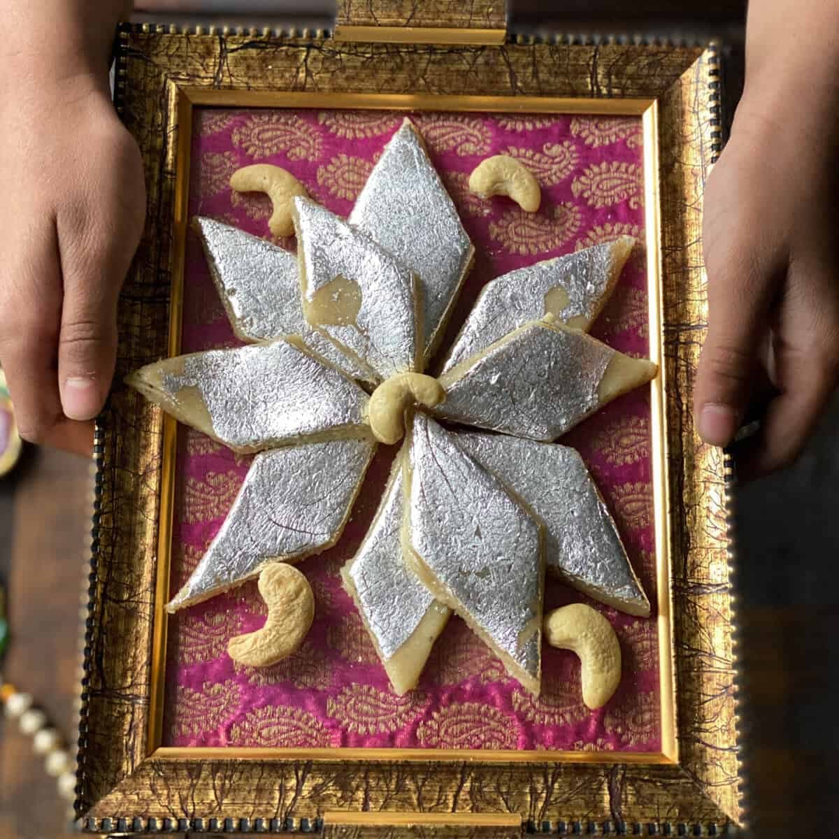 Handcrafted silver-leaf Kaju Katli traditional Indian confectionery